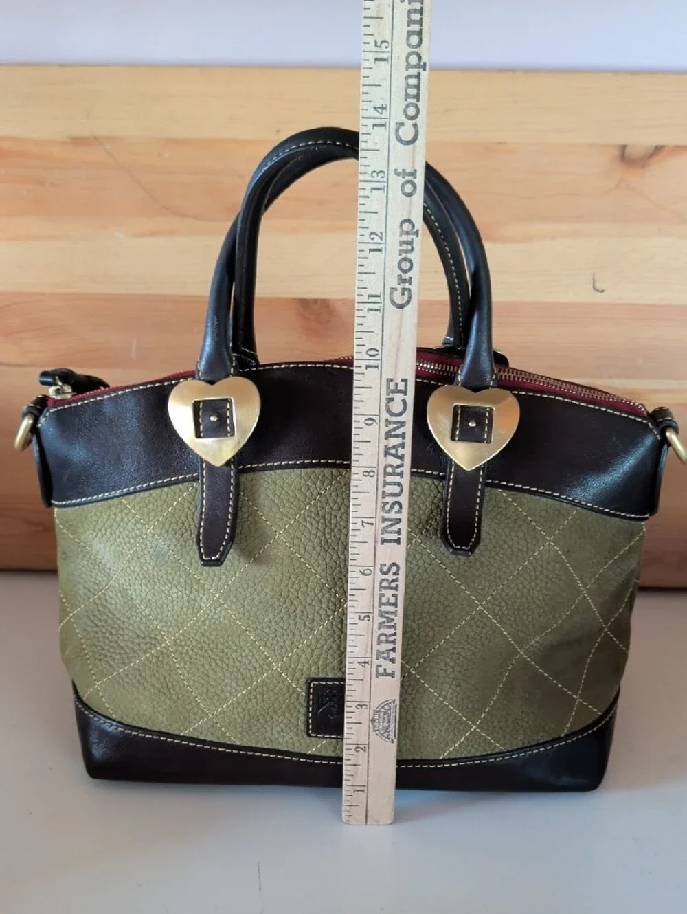 Dooney & Bourke Olive Green Quilted Satchel with Dark Brown Trim, No Strap.🌟🌟